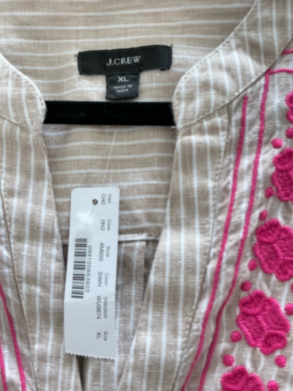 J. Crew Tan and White Striped Linen Tunic with Hot Pink Embroidery - Picture 9 of 10